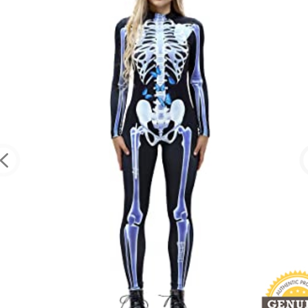 New Womens Halloween Costume Skeleton Print Bodysuit Butterflies in stomach- M